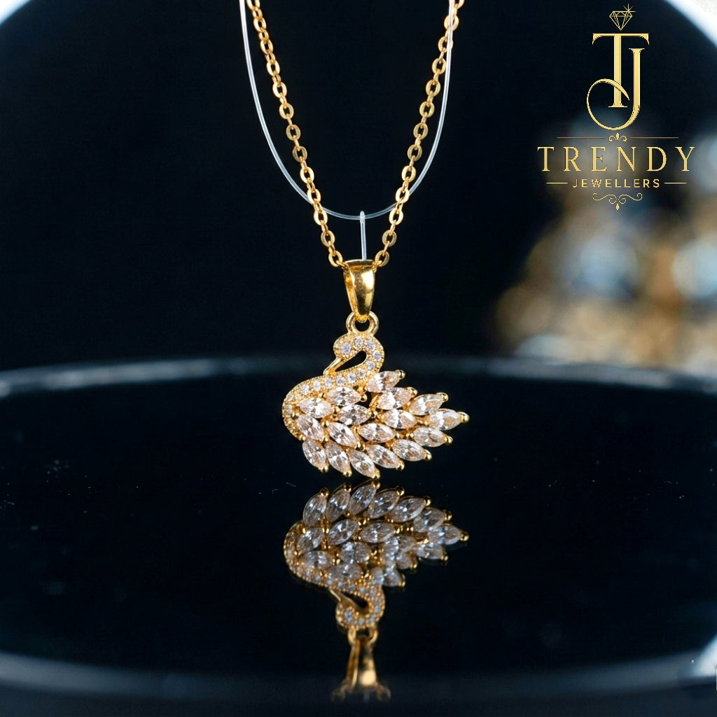 Crystal Swan Pendant Necklace - Stainless Steel Gold-Tone Locket