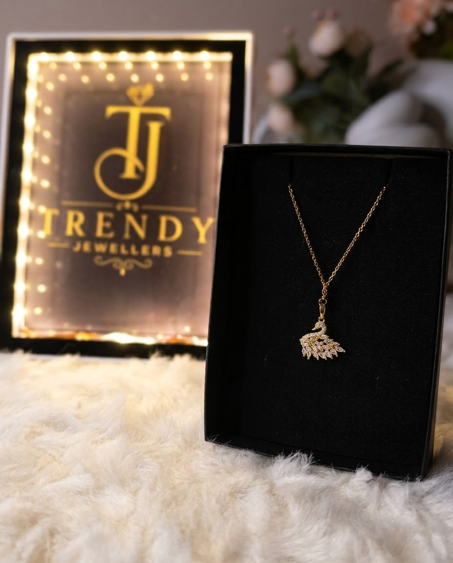 Crystal Swan Pendant Necklace - Stainless Steel Gold-Tone Locket